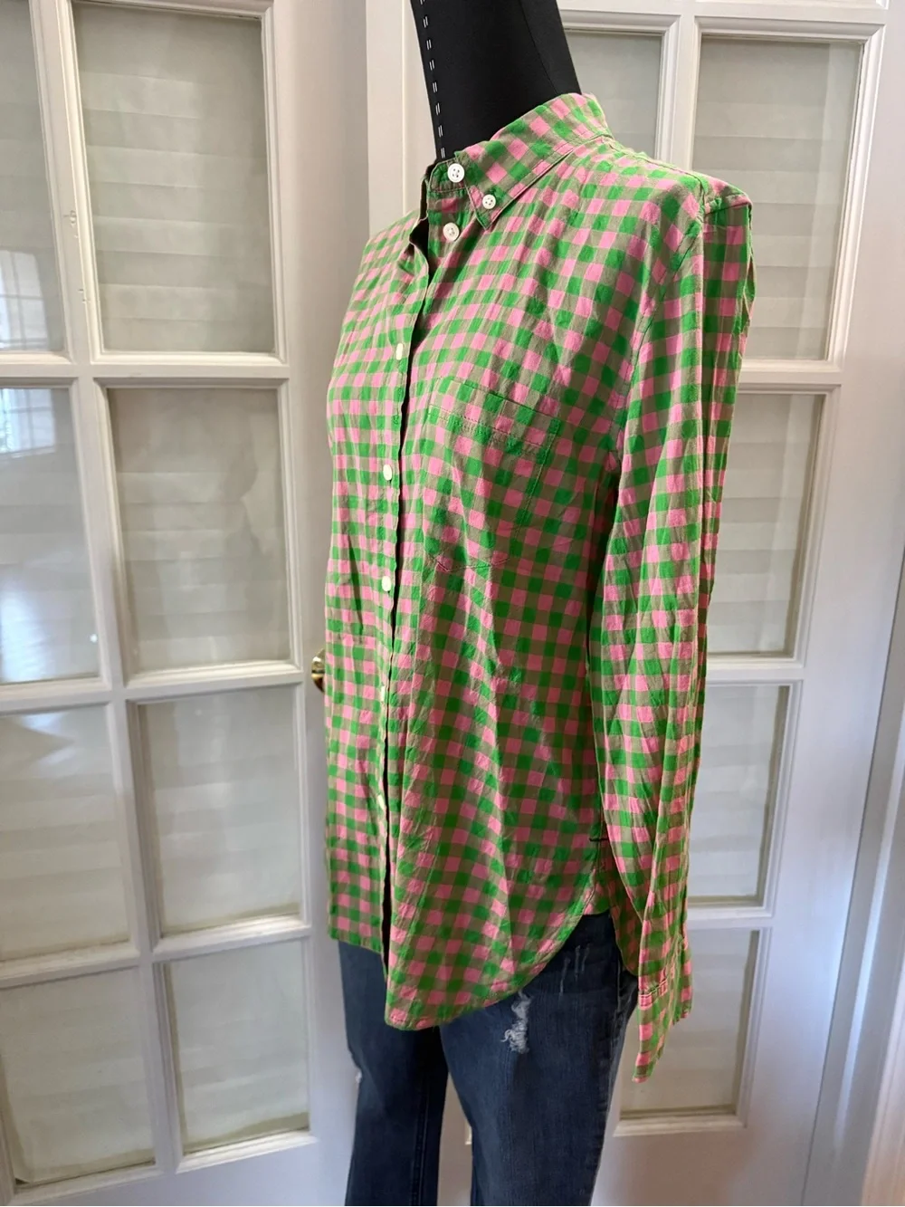 J. Crew Pink and Green Gingham Button-Down Shirt